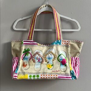 Sandy Clough Flip Flop cream canvas tote bag with sequins with pink stripes